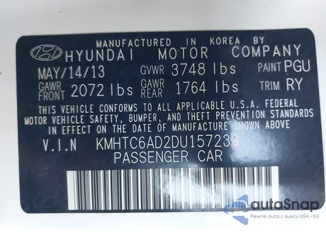 2013 Hyundai Veloster Base W/Black from USA, damaged, VIN KMHTC6AD2DU157239